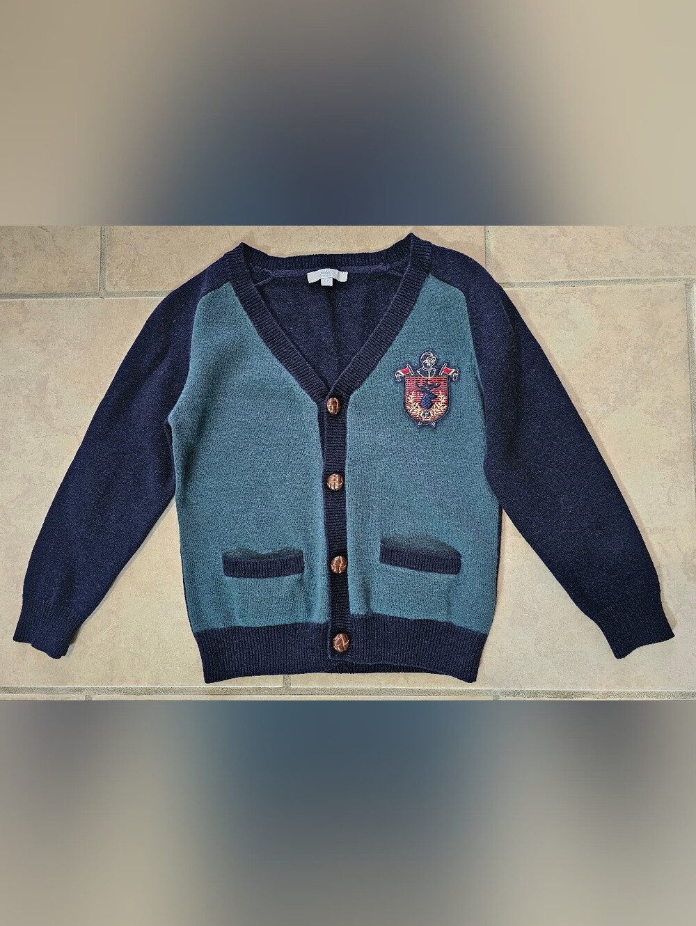 Jacadi Paris Boys Classic V-neck Green/Navy Cotton/Wool Sweater Cardigan Size 6A